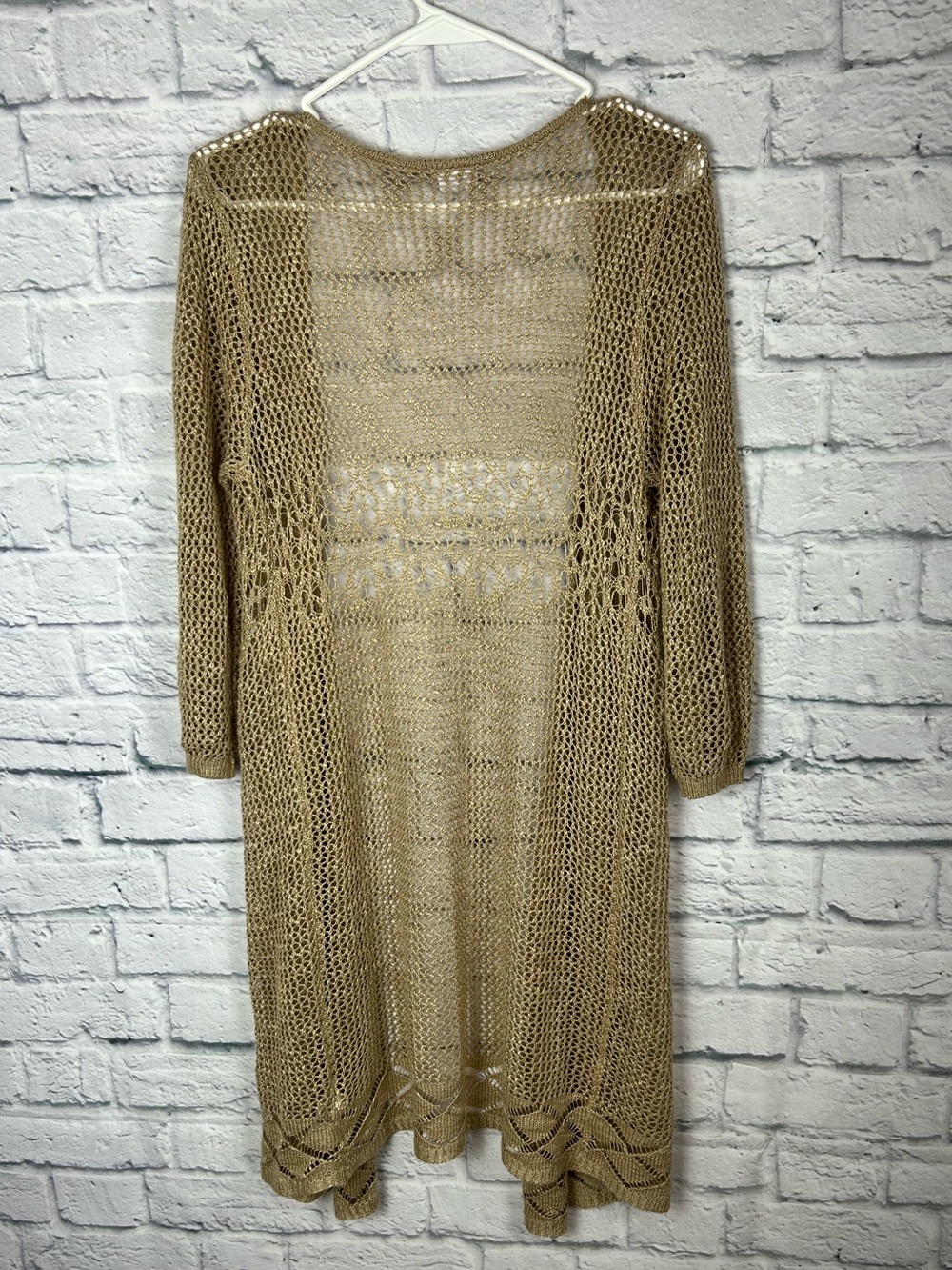 Lascana Open Knit Duster Cardigan Gold Metallic Crochet Longline Size 8/10 - Picture 8 of 8